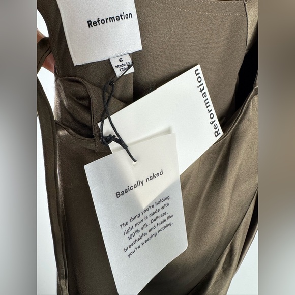 NEW Reformation Backless Satin Dress in Olive - Picture 12 of 13